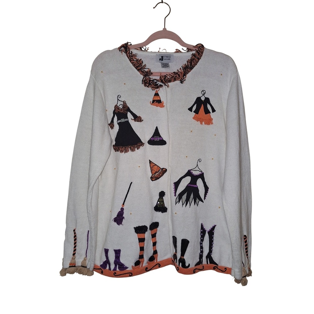 J Two New York Halloween Witch Cardigan Sweater White Orange Large Embroidery